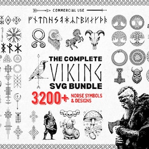 Puede incluir: Un paquete de arte digital en blanco y negro con diseños temáticos vikingos. Incluye símbolos nórdicos, alfabetos rúnicos e ilustraciones de figuras, animales y armas vikingas. El texto dice "THE COMPLETE VIKING SVG BUNDLE" con "3200+ NORSE SYMBOLS & DESIGNS".