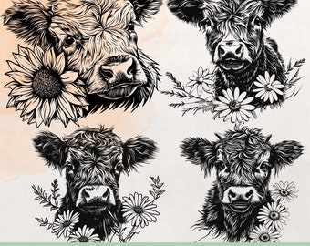Paquete SVG de vacas de las Tierras Altas con flores: 27 diseños de crías de vacas de las Tierras Altas para corte y grabado láser. Archivo de corte Cricut para sublimación y uso comercial.