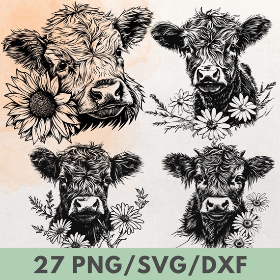 Floral Highland Cow SVG Bundle, Laser Cut Files (Digital Download)