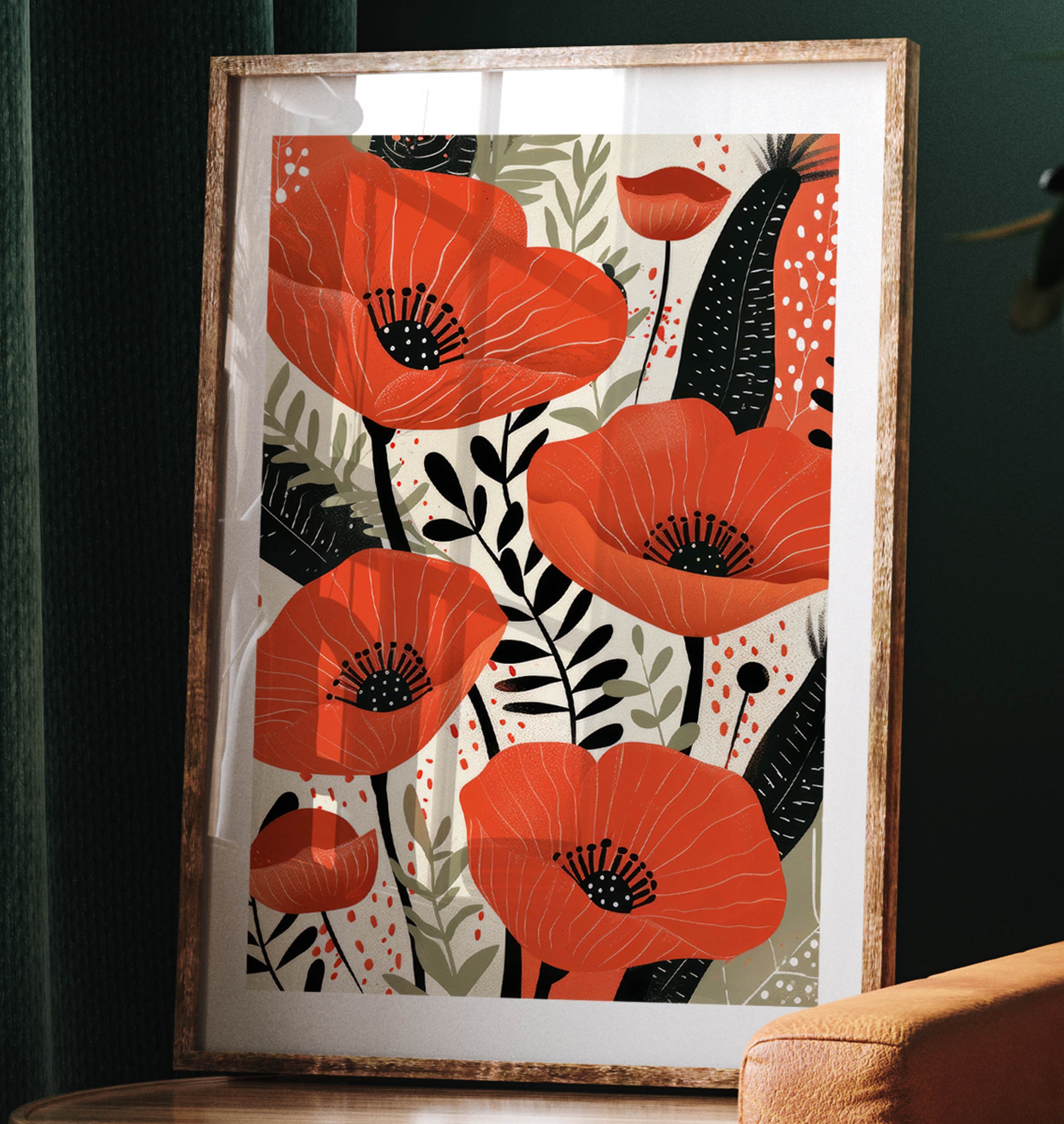 ポピーの花の壁アートイラスト。ビンテージフラワーマーケットの印刷