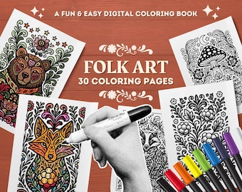 Op de afbeelding: Een digitaal kleurboek met de tekst "Folk Art 30 Coloring Pages". De afbeelding toont verschillende zwart-wit folk art ontwerpen, waaronder een beer, vos en paddenstoel. Een hand houdt een zwarte stift vast en er zijn verschillende gekleurde stiften zichtbaar.