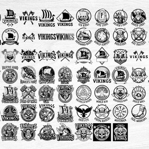 May include: A collection of black and white Viking-themed logos and emblems. Designs include Viking ships, axes, helmets, and various text elements such as "Vikings", "Sea Kings", and "Raven's Fury".