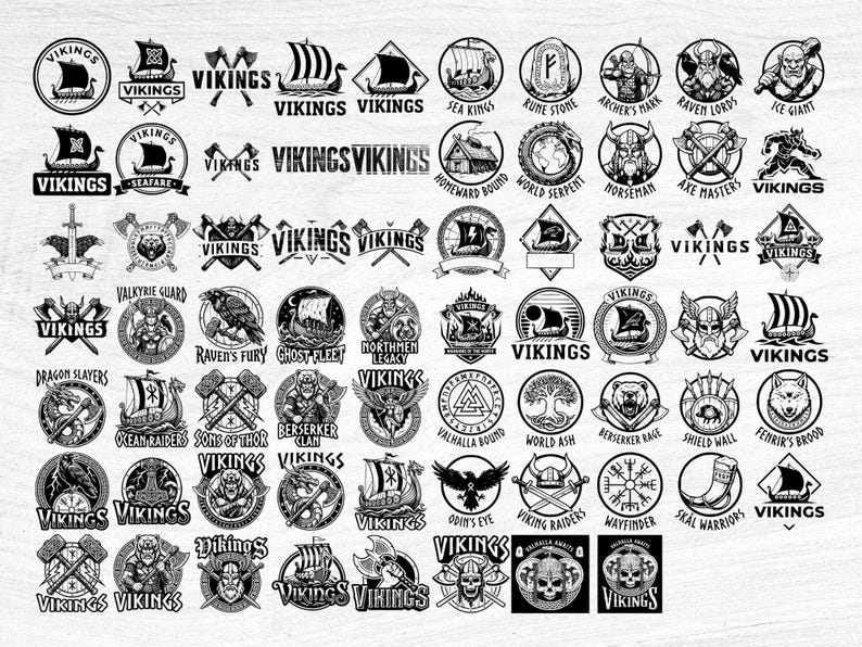 May include: A collection of black and white Viking-themed logos and emblems. Designs include Viking ships, axes, helmets, and various text elements such as "Vikings", "Sea Kings", and "Raven's Fury".