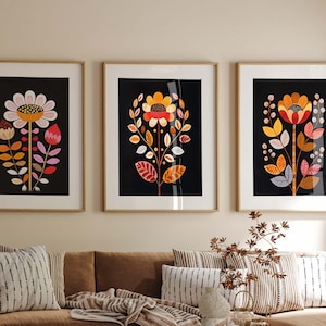Folk Art Boho Wall Art Set of 3 Printable Download. Terracotta Floral Paintings. Decor for Dining room, Bedroom, Living room. Gift Idea!