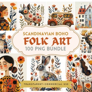 Paquete de imágenes prediseñadas boho de flores y animales de arte popular escandinavo para sublimación, elaboración, 100 PNG nórdico sin fondo, uso comercial
