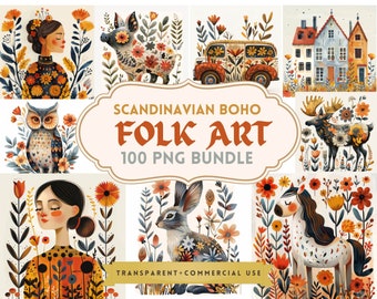 May include: A collection of 100 Scandinavian boho folk art illustrations in PNG format. The illustrations feature a variety of whimsical characters and objects, including a pig, an owl, a rabbit, a horse, a moose, a house, and a vintage car. The illustrations are all in a colorful, folk art style with a whimsical and charming aesthetic.