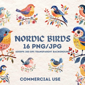 Clipart oiseau scandinave. Aquarelle PNG JPG inspirée de l'art folklorique nordique pour faire-part de mariage, créations en papier, impression d'art déco mural.