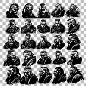May include: A collection of 25 black and white illustrations of a Viking warrior with a beard and long hair. The warrior is wearing a fur-lined cloak and has a fierce expression on his face.
