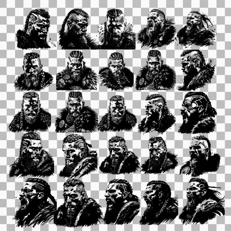 May include: A collection of 25 black and white illustrations of a Viking warrior with a beard and long hair. The warrior is wearing a fur-lined cloak and has a fierce expression on his face.