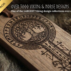May include: Wooden plaque with a detailed Viking design, featuring a tree of life and runic inscriptions. The plaque has a leather strap and the text "OVER 3000 VIKING & NORSE DESIGNS". A "VALUE PACK" label is in the upper left corner.