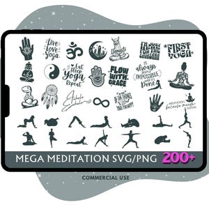 Mega paquete SVG de meditación. Archivos vectoriales imprimibles de decoración de yoga y zen para manualidades, corte láser y grabado. Citas, símbolos, siluetas