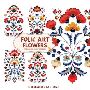 Pacchetto di clipart di fiori di arte popolare, 17 disegni di bouquet floreali scandinavi in porcellana per artigianato, matrimoni, scrapbooking per uso commerciale gratuito