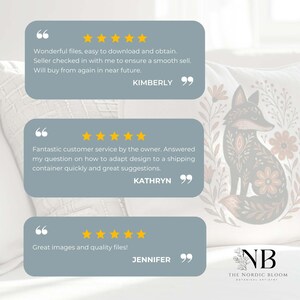 May include: Image featuring customer reviews with five-star ratings. The reviews praise the quality of the files, customer service, and ease of download. A decorative pillow with a fox design is in the background. The Nordic Bloom logo is in the bottom right.