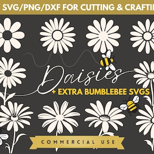 Gänseblümchen SVG-Bundle, Blumen-Dateien für Cricut, botanische Clipart-Vektorgrafiken für Laserschneiden, Gravieren und Basteln, Gänseblümchen plus Hummel SVG