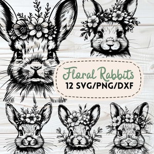 Floral Kaninchen SVG Bundle, süßes Hasengesicht mit Blumenstrauß, Osterhasen Osterhase Plotterdateien DXF, Basteln Laser Gravur Druck