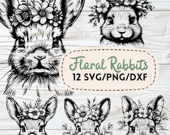 Floral Rabbit SVG Bundle, Cute Bunny Face with Flower Bouquet, Easter Bunnies Osterhase Plotter Files DXF, Crafting Laser Engraving Printing