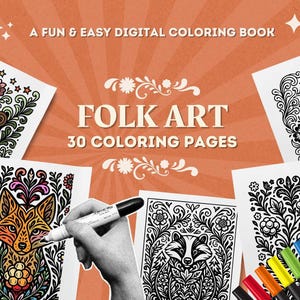 Folk Art Coloring Pages. 30 Bold and Easy Printable Nordic Inspired Animal Designs for Adults. Stress Relief Coloring Book PDF Download.