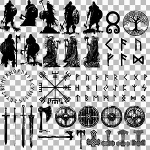 May include: Black and white vector illustrations of Viking symbols, runes, weapons, and warriors.  The images include a compass, a tree of life, a shield, swords, axes, and a hammer.