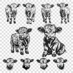 May include: A set of nine black and white illustrations of Highland cattle. The illustrations show the cattle in various poses, including standing, sitting, and looking at the camera. The illustrations are drawn in a realistic style.