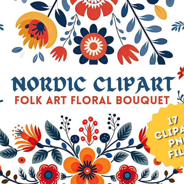 Nordic Floral Art Bouquet Instant Download Clipart, Scandinavian & Swedish Wildflower Folk Art, Floral Border PNG for Commercial Use