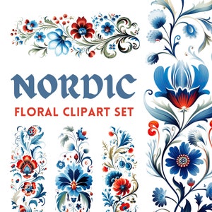 Nordic Floral Art Bouquet Instant Download Clipart, Scandinavian Swedish Wildflower Folk Art Transfer, Floral Border PNG for Commercial Use