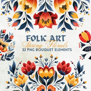 Volkskunst lente bloemen clipart, Noordse tulpen elementen, perfect voor Scandinavische kunst aan de muur, print op mokken, kussens, draagtassen commercieel gebruik