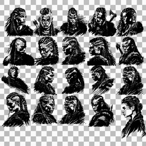 May include: A collection of 20 black and white illustrations of a woman with braided hair. The woman is depicted in various poses and expressions, with some images showing her wearing a fur cloak.