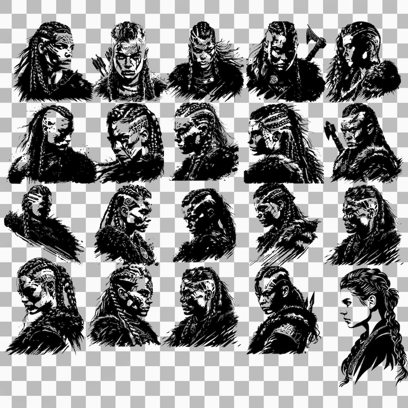 May include: A collection of 20 black and white illustrations of a woman with braided hair. The woman is depicted in various poses and expressions, with some images showing her wearing a fur cloak.