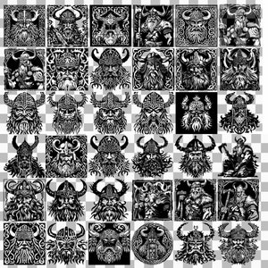 May include: A collection of 40 black and white illustrations of Viking warriors with various facial expressions and hairstyles. The illustrations are in a woodcut style and feature intricate details.