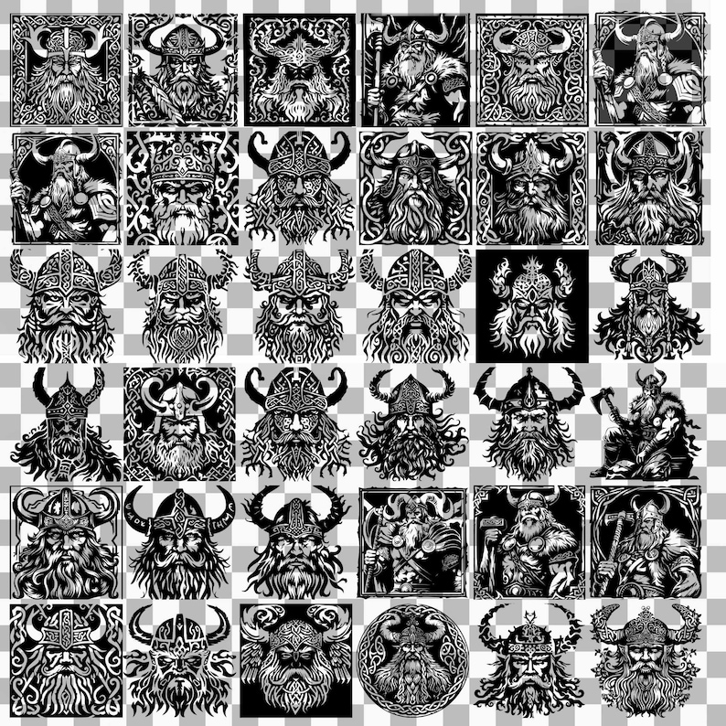 May include: A collection of 40 black and white illustrations of Viking warriors with various facial expressions and hairstyles. The illustrations are in a woodcut style and feature intricate details.