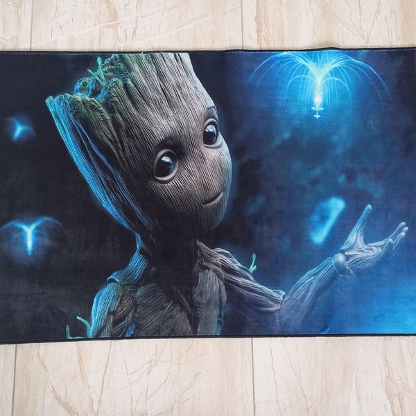 Baby Groot Rug, Blue Rug, Groot Rug For Kids, Cartoon Rug, Avengers Superhero Themed Rug, Popular Marvel Characters Pattern Rug, Gift Rug