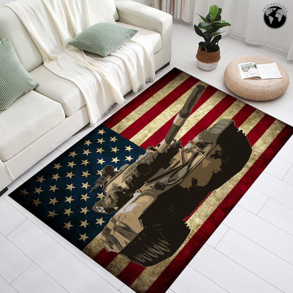 Drapeau américain avec tapis de réservoir, tapis des États-Unis, tapis de drapeau américain, tapis de guerre, tapis militaire, char américain, cadeau pour lui, tapis de voiture blindée, tapis Panzer, tapis de zone