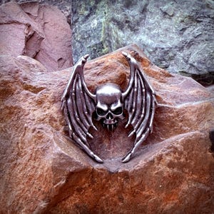 Pode incluir: Uma caveira prateada com asas de morcego é exibida sobre uma rocha castanho-avermelhada texturizada. A caveira tem detalhes, incluindo uma mandíbula proeminente e órbitas oculares. As asas estão abertas.