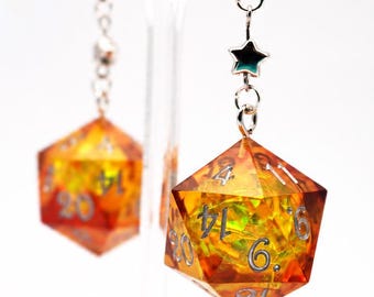 Amber Gold Foil | Sharp Resin Polyhedral Dice Earrings | Fantasy Elegant Autumn Dangle Jewellery | Dice Gift for DnD, Fantasy and Bg3 Fans
