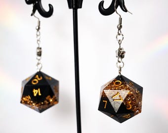 Gold Foil Accent | Sharp Resin Polyhedral Dice Earrings | Fantasy Elegant Dangle Jewelry | Handmade Dice Gift for DnD, Fantasy and Bg3 Fans