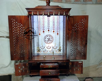 Teak wood Temple dark Brown Polish with Hanging Diya and Bells with LED Light on the top (inside) will focus the God Area full open door ART