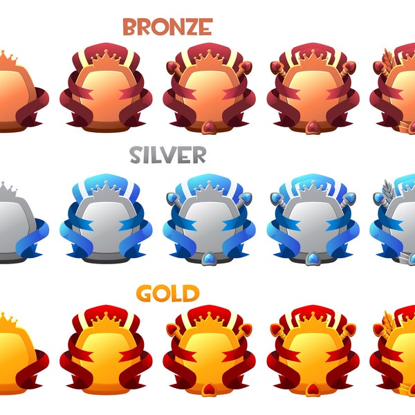 Ensemble complet de badges pour le jeu 2D par niveaux. Icônes de niveaux de bronze, d'argent et d'or. Du bas au haut niveau