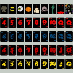Halloween-speelkaarten, pokerset. Getallen van 2 tot 10, aas, koningsschedel, koninginheks, boerspook. Originele speelkaarten