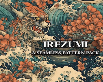May include: A seamless pattern featuring a fierce tiger with sharp teeth, surrounded by vibrant red and pink cherry blossoms and swirling blue waves. The text "Irezumi: A Seamless Pattern Pack" is displayed in white.