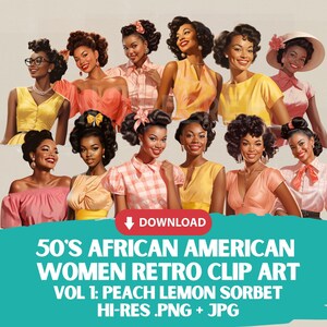 12 Clip Art retrò di casalinghe afroamericane in formato PNG e JPG, stile Palm Springs anni '50, moda pesca corallo limone, estetica vintage di metà secolo