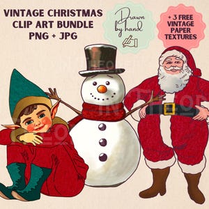 Bundle de cliparts Noël vintage, Illustrations rétro dessinées à la main, bonhomme de neige père Noël elfe, PNG & JPG, esthétique festive, oeuvre d'art imprimable hiver