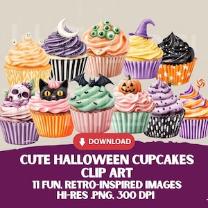 May include: Eleven watercolour Halloween cupcakes with diverse toppings, such as a skull, cat, bat, and pumpkin. The cupcakes are in colourful wrappers and have a retro-inspired design. The image includes the text "CUTE HALLOWEEN CUPCAKES CLIP ART".