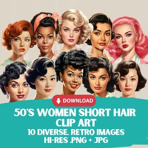 1950年代のショートヘアのクリップアート（カーリーPNG JPG）、パームスプリングスの多様なレトロな主婦、ヴィンテージミッドセンチュリーの美学、デジタルダウンロード