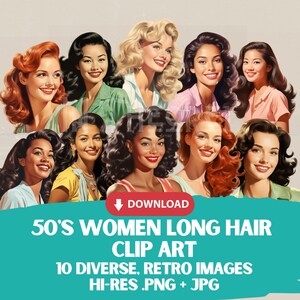 10 imágenes prediseñadas de mujeres retro con cabello largo, PNG y JPG, amas de casa de Palm Springs de los años 50, glamour del viejo Hollywood, mujeres vintage sofisticadas y diversas