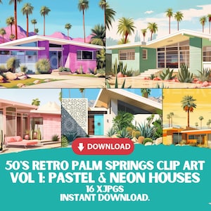 16 Retro Kolorowe Dom Clip Art JPG, 50s Palm Springs Żywe Neon i Pastelowa Estetyka, Architektura Mid-Century Marzycielskie Nostalgiczne Rysunki