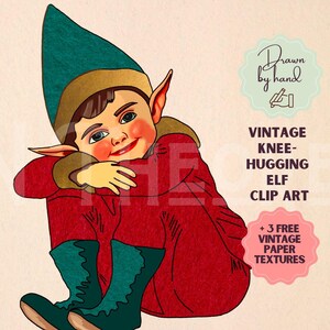 Illustration vintage d'elfe moulant les genoux PNG, JPG, esthétique de Noël Americana des années 1950, 100 % dessiné à la main