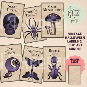 May include: A collection of vintage Halloween labels and clip art. The illustrations include a skull, spider, mushroom, eye, dragonfly, and beetle. Each label has a unique name, with a blank label included.