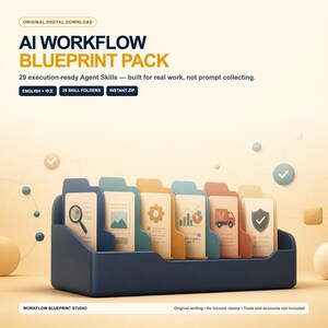 Könnte beinhalten: Ein digitales Produkt mit dem Titel AI WORKFLOW BLUEPRINT PACK mit 29 ausführungsbereiten Agent Skills. Die Grafik zeigt einen dunkelblauen Schreibtisch-Organizer mit mehreren Ordnern, die Symbole wie eine Lupe, ein Zahnrad und einen LKW enthalten.