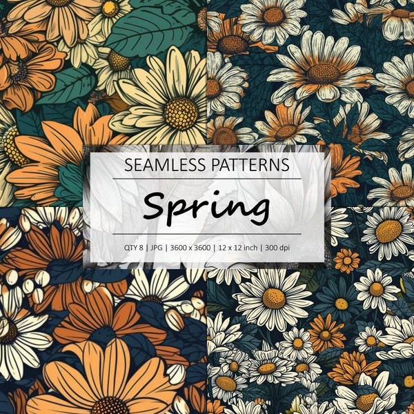 Spring Floral Patterns - 8 Digital Papers - 12in x 12in - Perfect for Commercial Use - Instant Download Available
