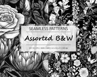 BLACK and WHITE FLORAL - 20 Seamless Floral Repeating Patterns - Background - Digital Paper - Commercial Use